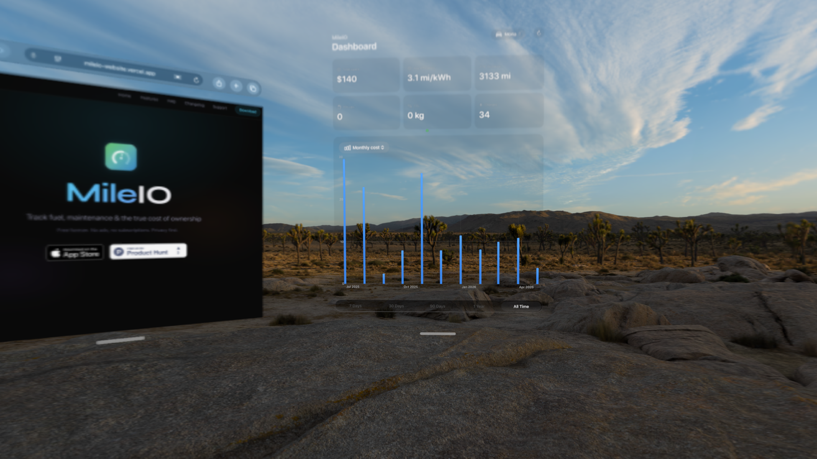MileIO dashboard floating in a real-world environment via Apple Vision Pro